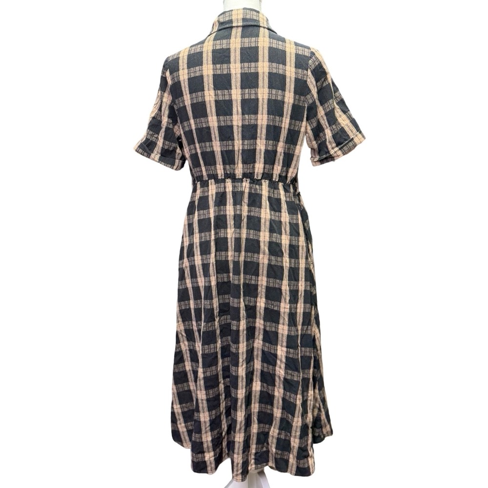 Disturbia Plaid Midi Dress Black Tan Button Front Pockets Grunge US 6 UK 10 - Picture 3 of 10